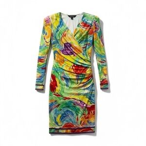 VTG 90s LEONARD Paris Colorful Silk Jersey Ruched Dress M